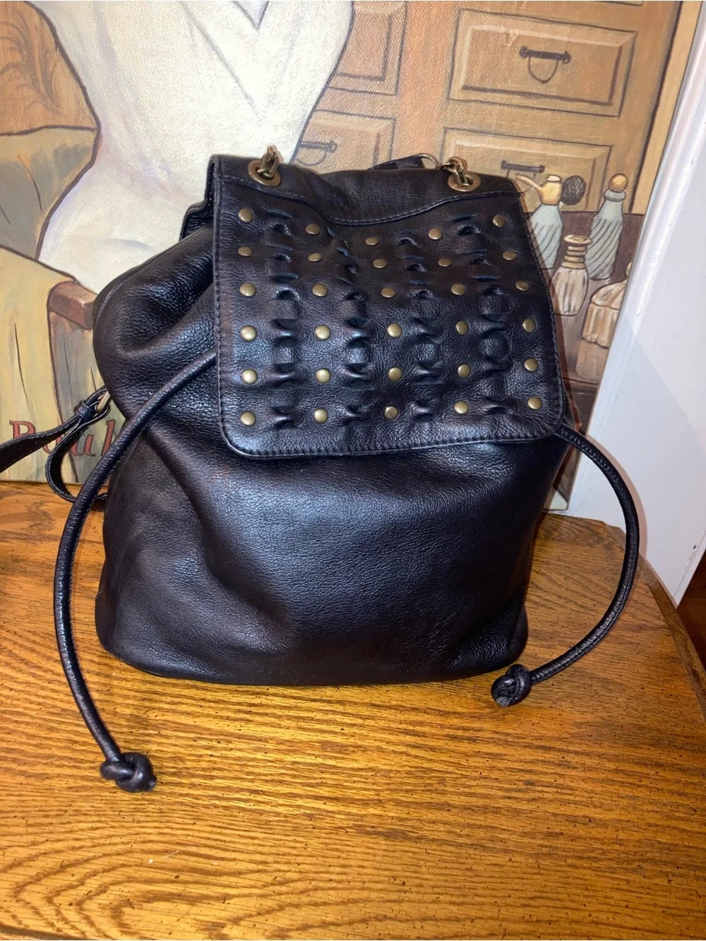 Frye Jade Studded Leather Convertible Leather Backpack with Chain Strap Black